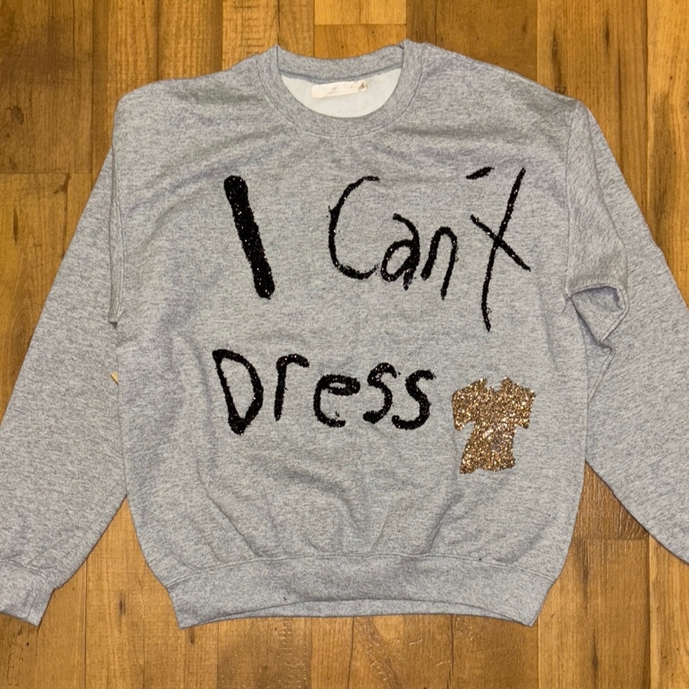 Gray Crewneck Sweater with Black Text and Paw Print